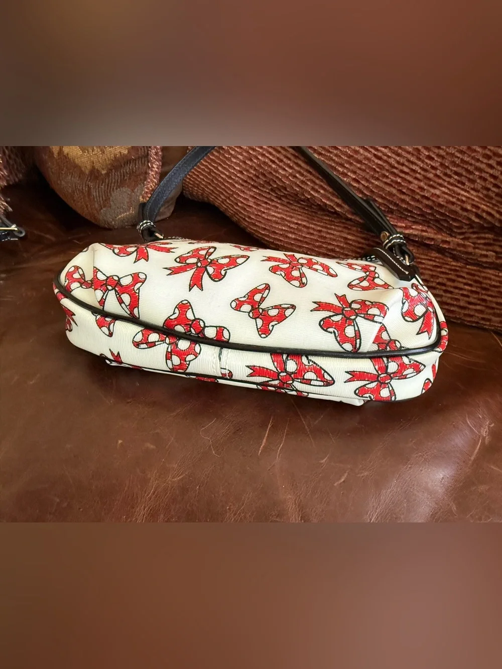 Dooney & Bourke Red and White Bow-Print Shoulder Bag with Black Trim